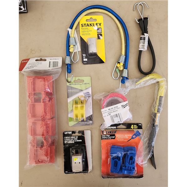 485 -- MILWAUKEE BATTERY HOLDER AND DUST TRAP,  BUNGEE CORDS, WRECKER BAR, TARP CLIPS, LASHING MAGNE