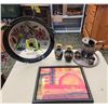 Image 1 : 710 -- LARGE DECORATIVE PLATE WITH STAND, SILVER VASE WITH CUPS, DRAGON VASES, "SIGN POST" PAINTING,
