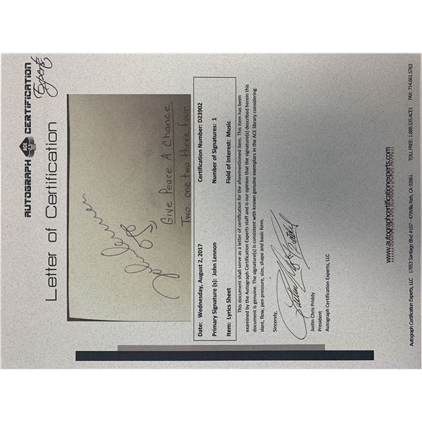 John Lennon Give Peace A Chance signed lyrics.  ACE authenticated