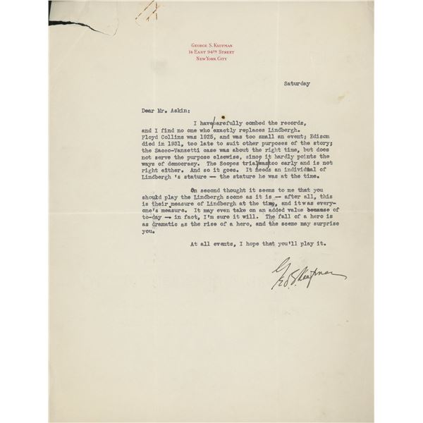 George S. Kaufman signed letter