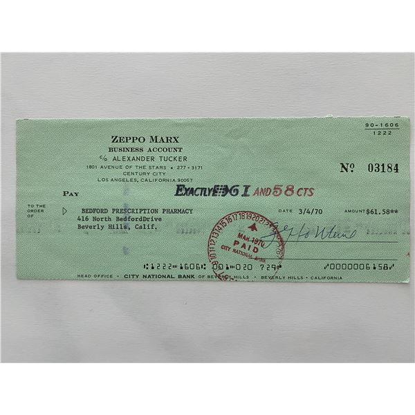 Zeppo Marx signed check