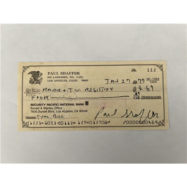 Paul Shaffer signed check