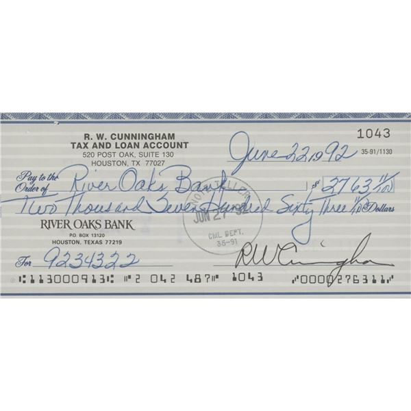 Astronaut Walter Cunningham signed check