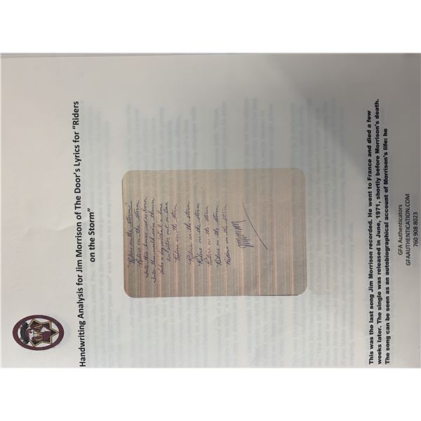 The Doors Jim Morrison Riders On The Storm handwritten and signed lyrics. GFA authenticated