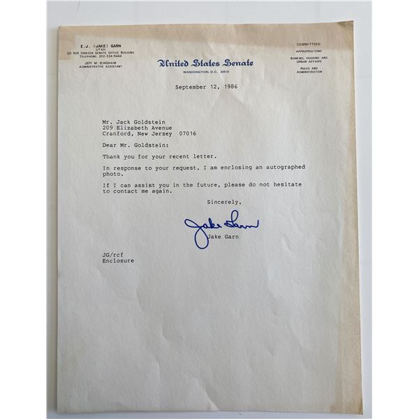 U.S. Senator Jake Garn signed letter