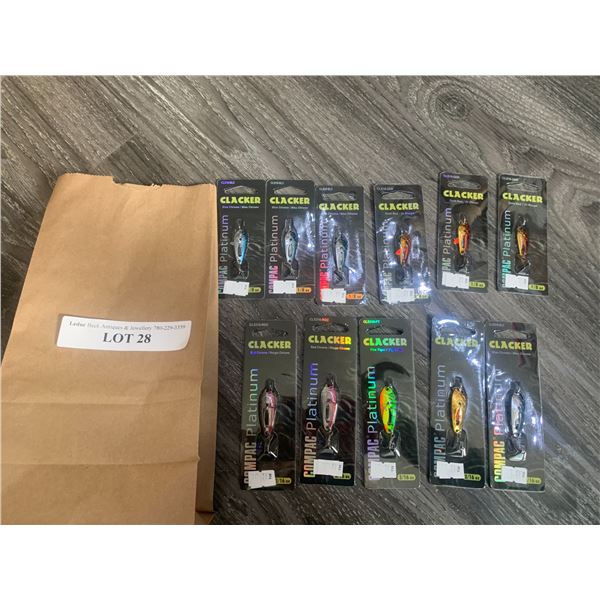 Clacker Compac Platinum ( 1/8.oz) 3 Blue Chrome, 3 Gold Red ( 3/16.oz) 2 Red Chrome, 1 Fire tiger, 1