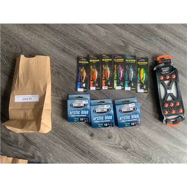 Sureline Arctic Blue Ice Fishing Mono-filament 3 Units, Ice Cleats 1, Clacker Compac Platinum (3/8.o