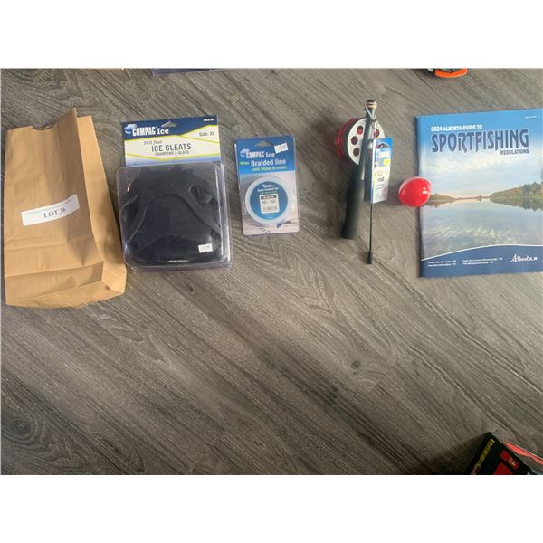 18" Compac Jigging Rod 1 unit, Compac Full Foot Ice Cleats (XL) 1 Unit, Compac Ice Nylon Braided Lin