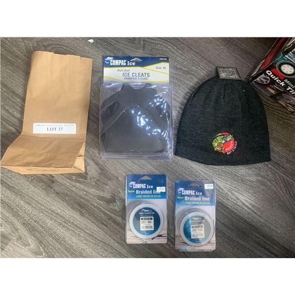 Compac Full Foot Ice Cleats (XL)1 Unit , 2 Compac Ice Nylon Braided Line 50 yards, 1 Pozzy's Toque