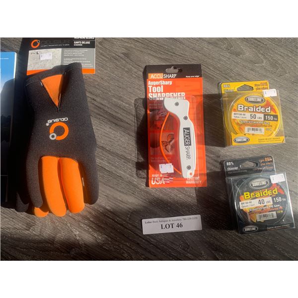 1 Pair of Celsius Neoprene Gloves, AccuSharp Tool Sharpener 1 Unit, 1 Sureline Braided 50lbs 150 Yds
