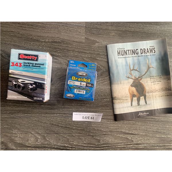 Scotty Locking Gunnel Track Mount 1 Unit, 1 Sureline Braided 5lbs 150 Yds Line, 1 Alberta Hunting Ma