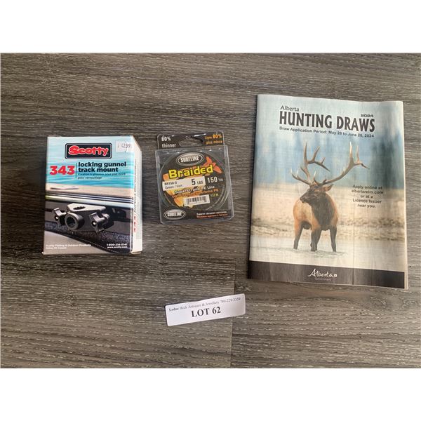 Scotty Locking Gunnel Track Mount 1 Unit, 1 Sureline Braided 5lbs 150 Yds Line, 1 Alberta Hunting Ma