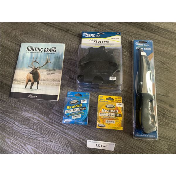 Compac Ice Cleats 1 Unit, Compac Fillet Knife, 1 Alberta Hunting Magazine, 1 Sureline Braided 60lbs 