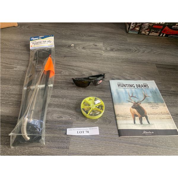 Compac Ice Plastic Tip-Up 1 Unit, Berkley Polarized Sunglasses, Compac Rubber Core Sinkers 1 Unit, 1