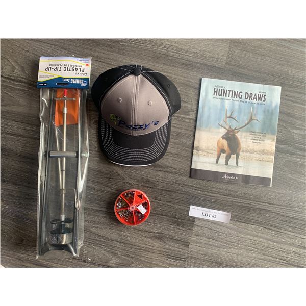 Compac Ice Plastic Tip-Up 1 Unit, 1 Pozzy's Hat, Compac Removable Split Shot Sinkers 1 Unit, 1 Alber