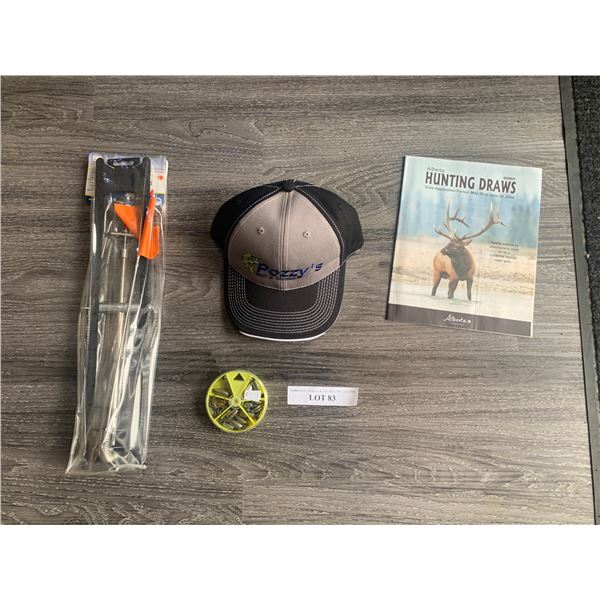 Compac Ice Plastic Tip-Up 1 Unit, 1 Pozzy's Hat, Compac Rubber Core Sinkers 1 Unit, 1 Alberta Huntin
