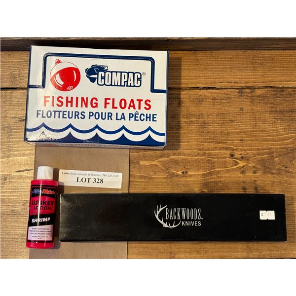 Backwoods Prestige Knife, Shrimp Lunker Lotion, Compac Fishing Floats