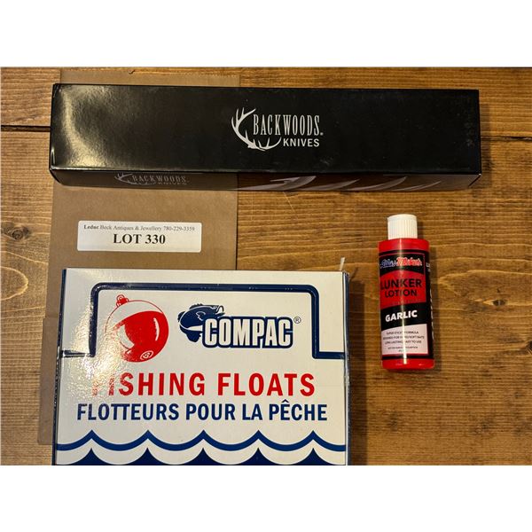 Backwoods Prestige Knife, Compac Fishing Floats, Shrimp Lunker Lotion