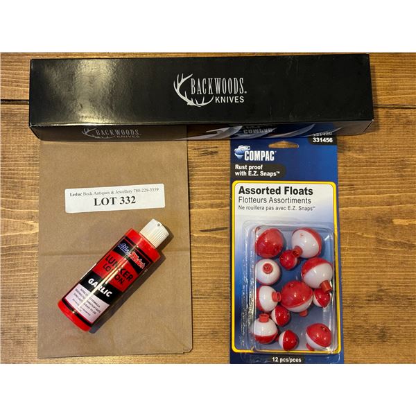 Backwoods Prestige Knife, Asst Floaters & Shrimp Lunker Lotion