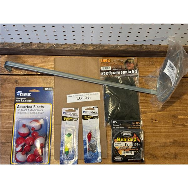 Sureline Braided 15 lb Green Line, Compac Jaws Walleye Killer, Asst Floats, Mosquito Head Net & Scoo