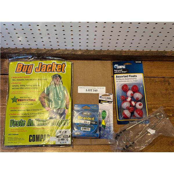 Small Bug Jacket, Sureline Braided Blue 15 lbs PE Line, Asst Floats, Fish Mouth Opener, Jaw Walleye 