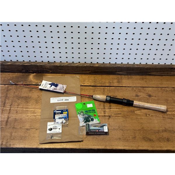 Emery Rhumba 24 Inch Jigging Ice Rod, 4mm Tungsten Jigs, Compac White Floating Jig Head 2/3 oz, Tugs