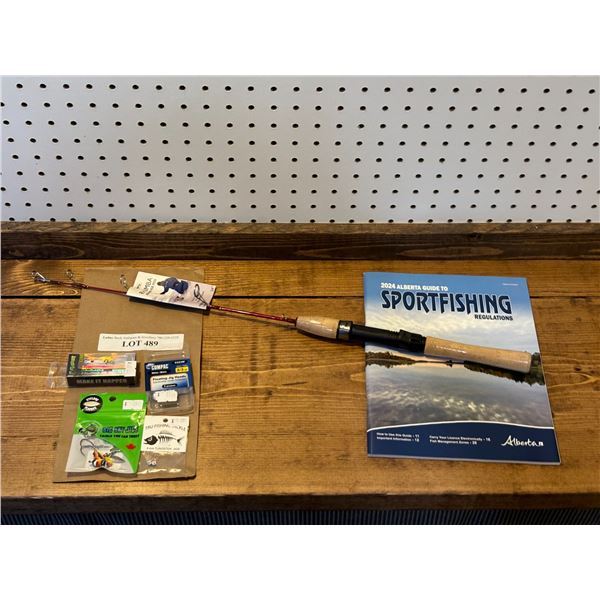 Emery Rhumba 24 Inch Jigging Ice Rod, 4mm Tungsten Jigs, Compac White Floating Jig Head 2/3 oz,  Tun