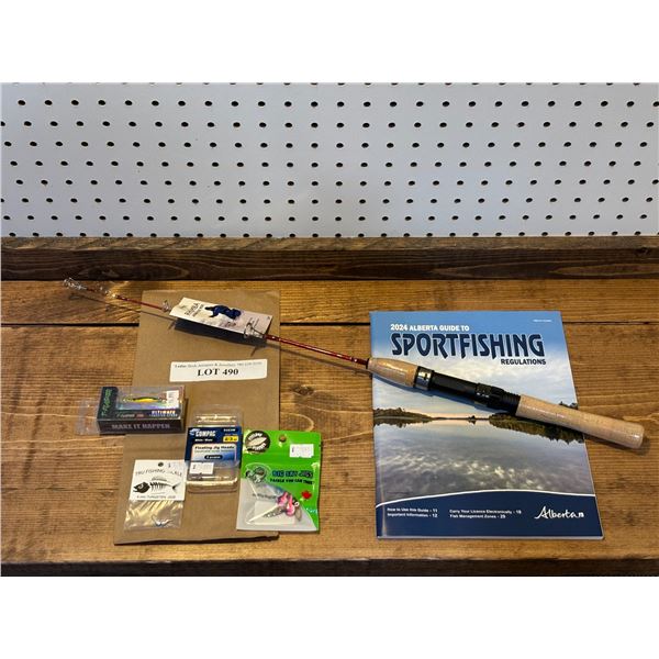 Emery Rhumba 24 Inch Jigging Ice Rod, 4mm Tungsten Jigs, Compac White Floating Jig Head 2/3 oz,  Tun