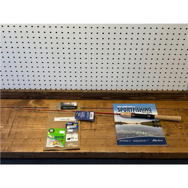 Emery Rhumba 30 Inch Medium Ice Rod, EuroTackle Tungsten Glow T-Flasher1 Inch, 4mm Tungsten Jigs, Co