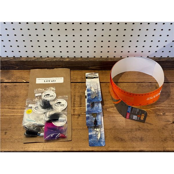 South Bend 36 Inch Adhesive Ruler, Compac Jaws Walleye Killers & Jaguar Jigs 3/8 & 5/8 oz & Glow in 