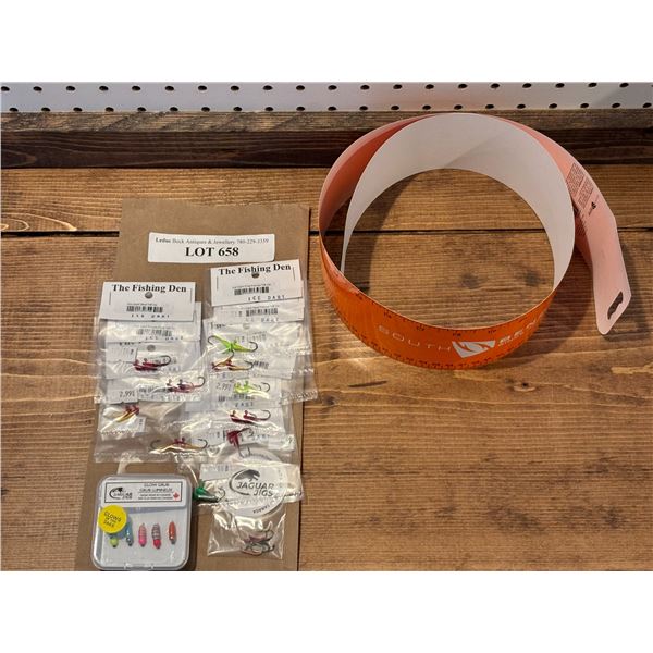 South Bend 36 Inch Adhesive Ruler, The Fishing Den 1/8 oz, Jaguar Jigs Glow Grubs & Jaguar Jigs Size