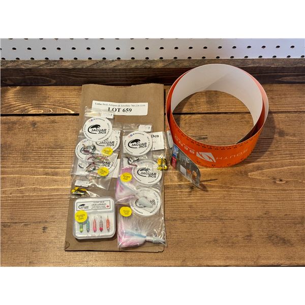 South Bend 36 Inch Adhesive Ruler, The Fishing Den 1/8 oz, Jaguar Jigs Glow Grubs & Jaguar Jigs Size