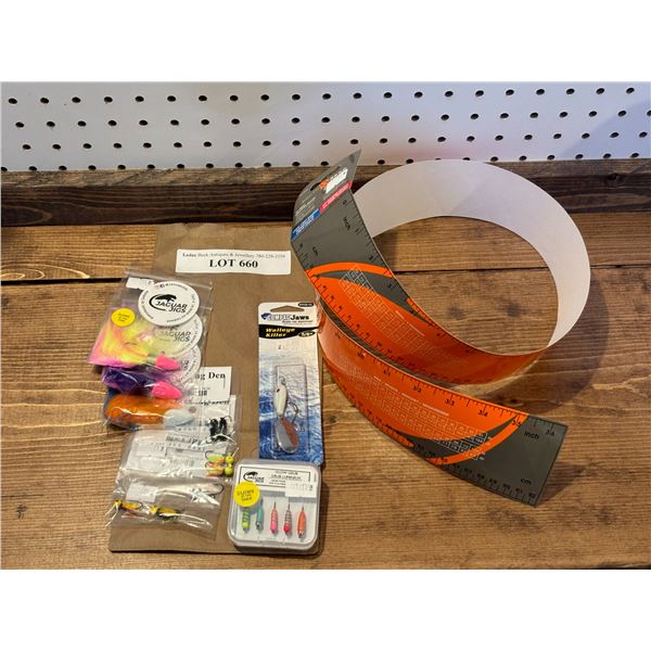 South Bend 36 Inch Adhesive Ruler, The Fishing Den 1/8 oz, Jaguar Jigs Glow Grubs, Compac Jaws Walle