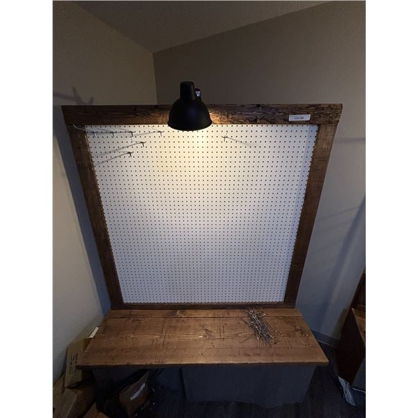 Wood Peg Boards w Hooks, Bench, Storage & Lamp