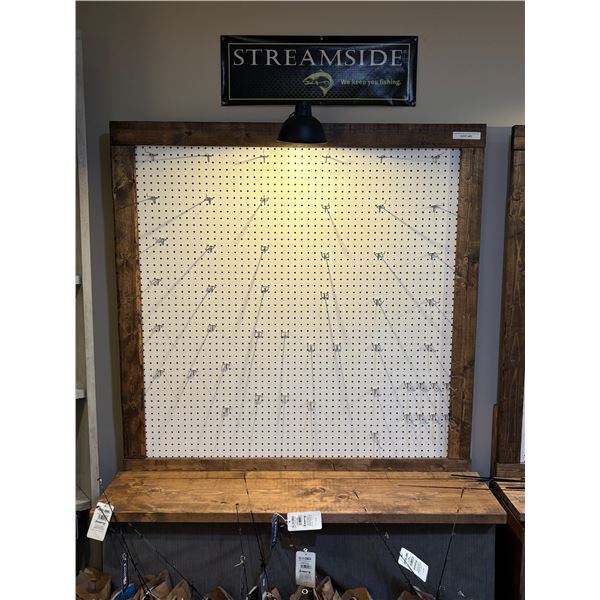 Wood Peg Boards w Hooks, Bench, Storage & Lamp