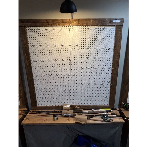 Wood Peg Boards w Hooks, Bench, Storage & Lamp