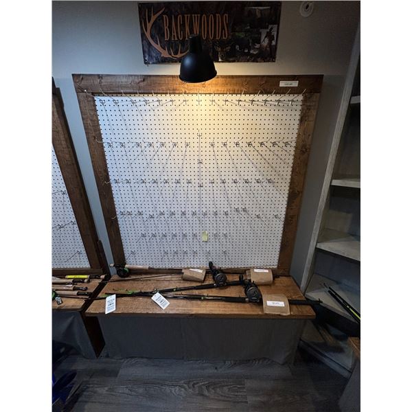 Wood Peg Boards w Hooks, Bench, Storage & Lamp