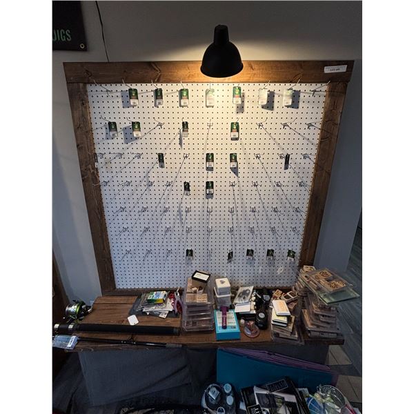 Wood Peg Boards w Hooks, Bench, Storage & Lamp