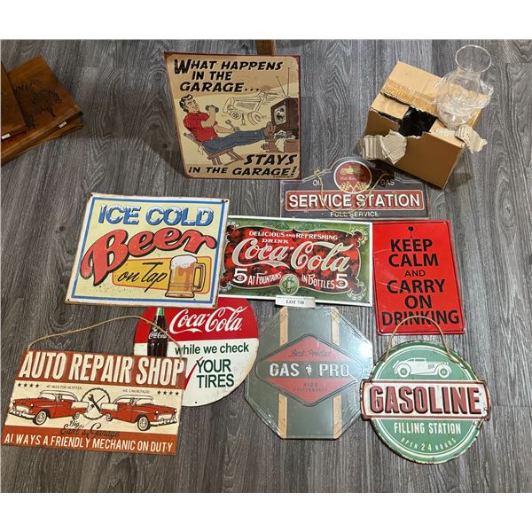 Asst Stamped Metal Signs & Box of Plastic Glasses
