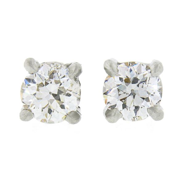 Antique Platinum .78 ctw Old European Diamond 4 Prong Basket Classic Stud Earrin