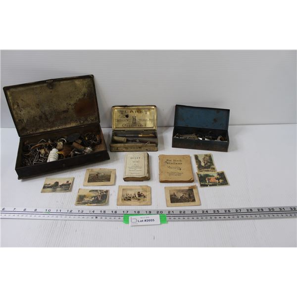 1940's Diary - Unused, (3) Vintage Tins w/Contents, Vintage Miniature Tourist Memorabilia