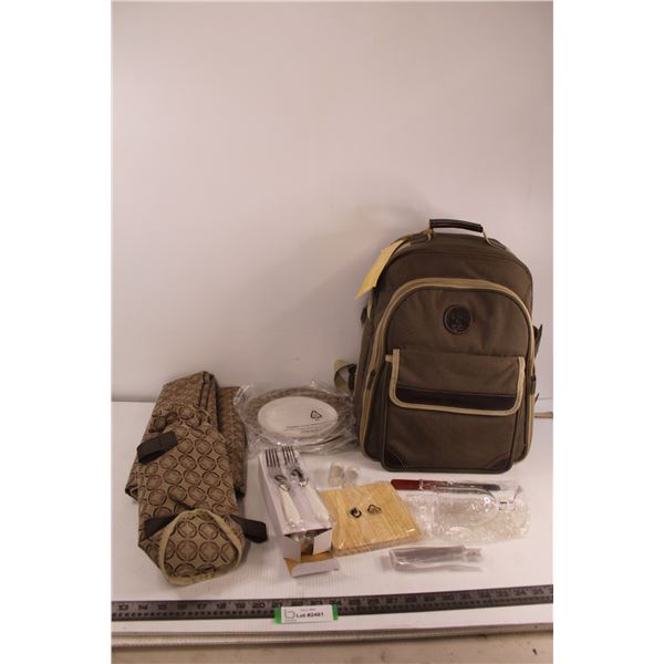 Stokes Outdoor Insulated Picnic Backpack w/ Plates, Napkins, Glasses, Silverware, Cutting Board, Bla