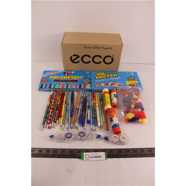 (2) 12 Pack Mr. Sketch Scented Markers, Assorted Pencils & Pens, (3) Glue Sticks, (3) White-Out Roll
