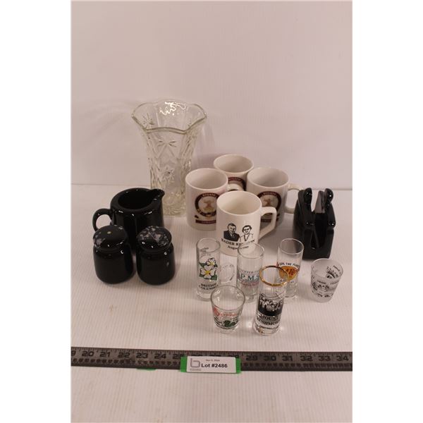 Salt & Pepper Shakers, Tea Cup, Glass Flower Holder, (4) Coffee Mugs, Napkin Holder, (6) Decorative 