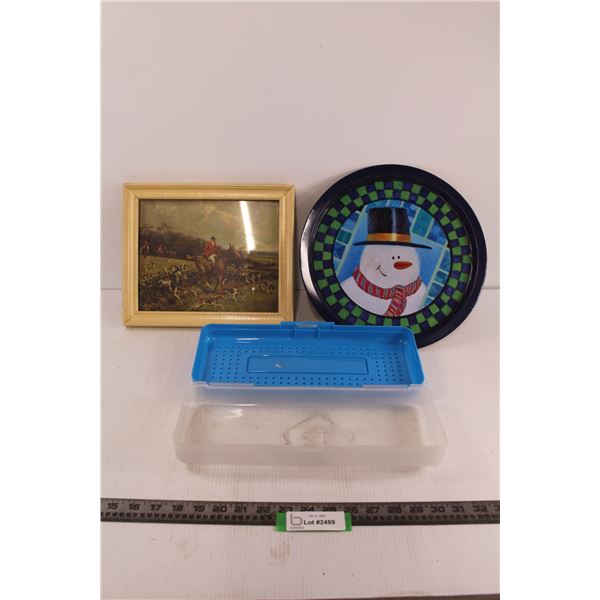 12" x 10" Print "Fox Hunt" w/ Wooden Frame, Round Snowman Plate, & 14" Pencil Box