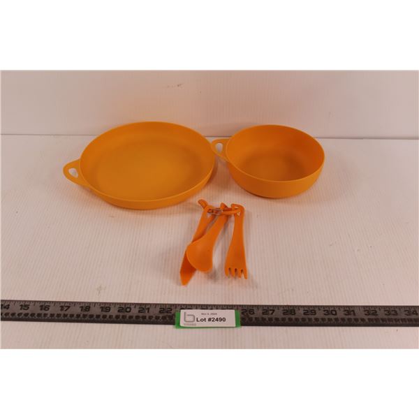 Orange Plastic Plate, Bowl, & Silverware Set - Some Wear