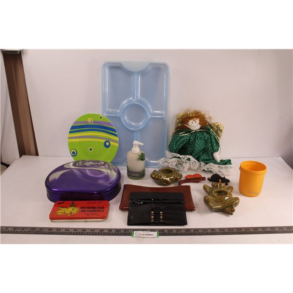 Math Instruments Set, Cadbury Tin, Plastic Plate & Serving Tray, Frog Soap Dispenser, (2) Glass Frog