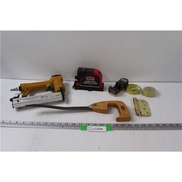 Tool Lot: Air Staple Gun, Laser Level, Hand Saw, (2) Measuring Tape Replacements Rolls, Hinge