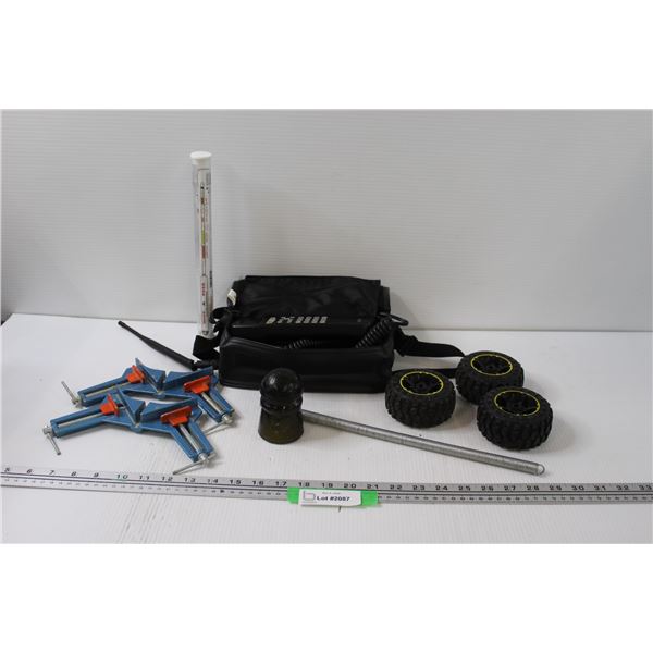 Vehicle Bag Phone - as is, (2) Corner Clamps, Green Insulator, (3) Remote Control Tires, Misc.
