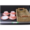 Image 1 : PYREX Pink & White Tea Cup Set (Missing One Cup) & Wicker Basket